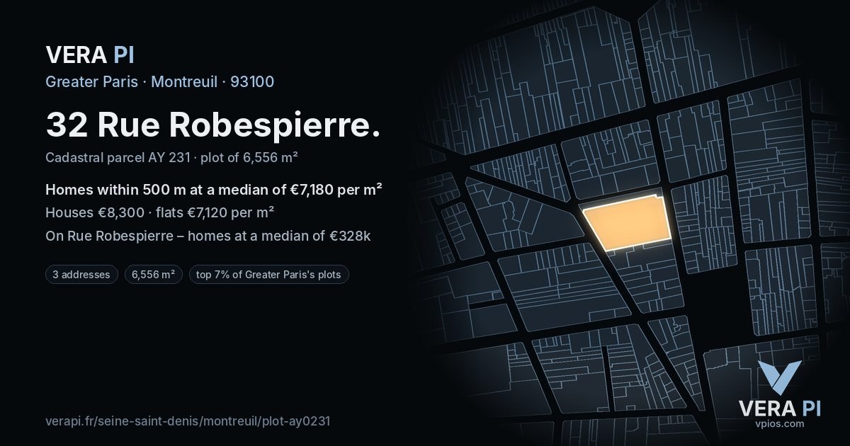 32 Rue Robespierre, Montreuil at night – the plot lit, the parcels around coloured by the prices near them