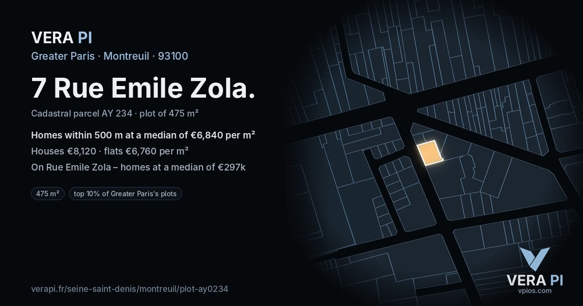 7 Rue Emile Zola, Montreuil at night – the plot lit, the parcels around coloured by the prices near them