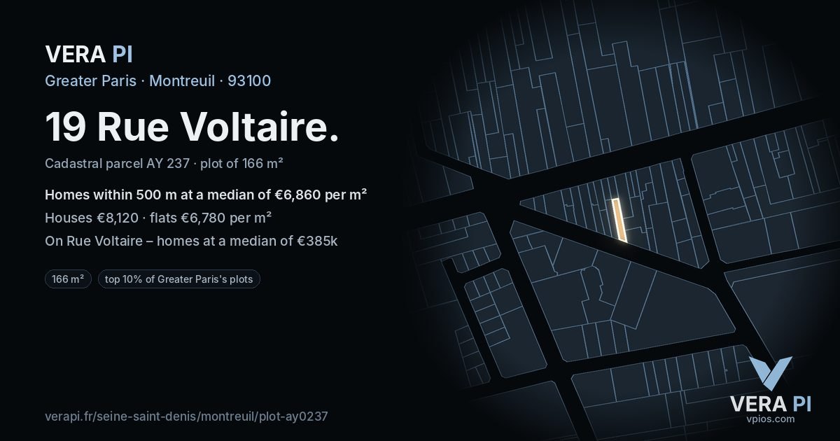 19 Rue Voltaire, Montreuil at night – the plot lit, the parcels around coloured by the prices near them