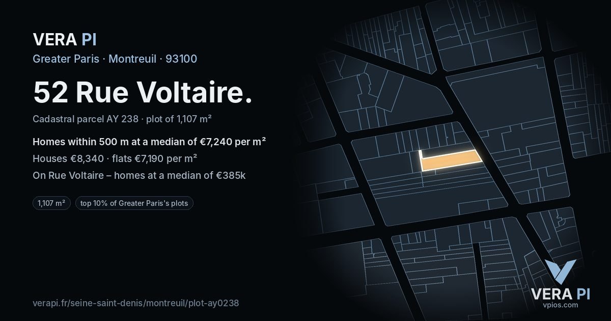 52 Rue Voltaire, Montreuil at night – the plot lit, the parcels around coloured by the prices near them
