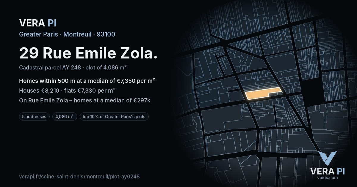 29 Rue Emile Zola, Montreuil at night – the plot lit, the parcels around coloured by the prices near them
