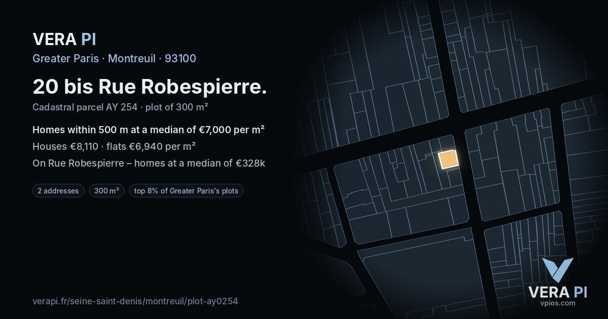20 bis Rue Robespierre, Montreuil at night – the plot lit, the parcels around coloured by the prices near them