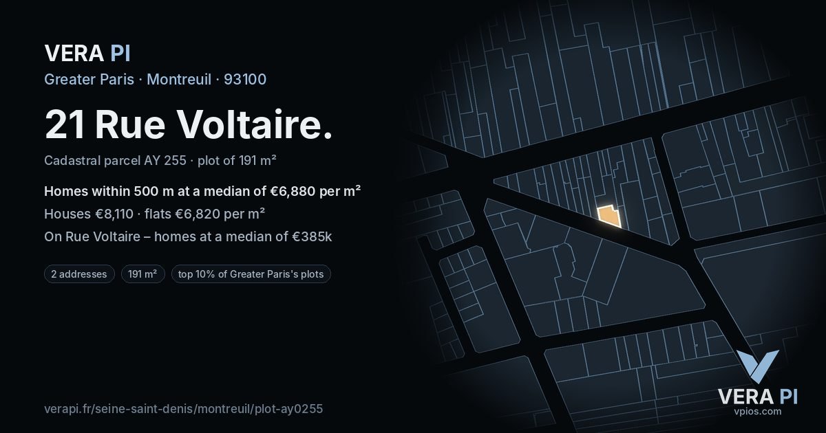 21 Rue Voltaire, Montreuil at night – the plot lit, the parcels around coloured by the prices near them