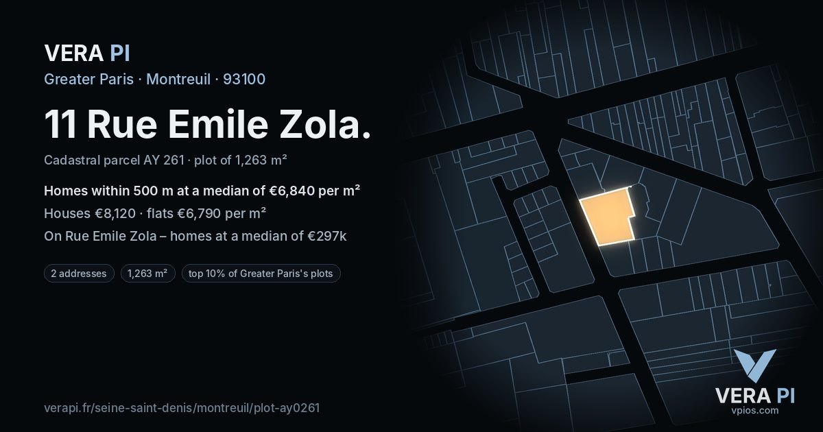11 Rue Emile Zola, Montreuil at night – the plot lit, the parcels around coloured by the prices near them