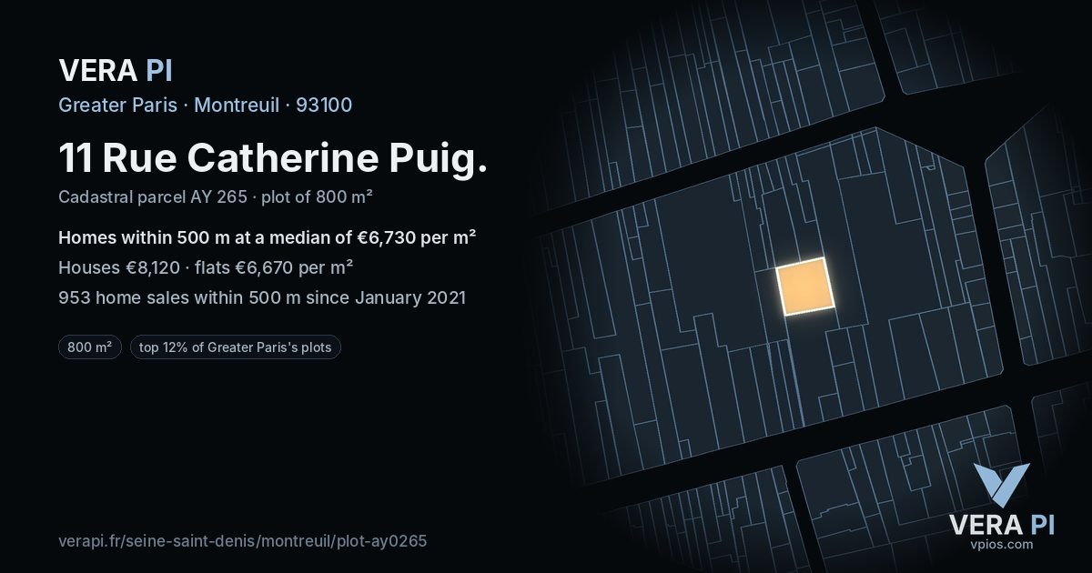 11 Rue Catherine Puig, Montreuil at night – the plot lit, the parcels around coloured by the prices near them