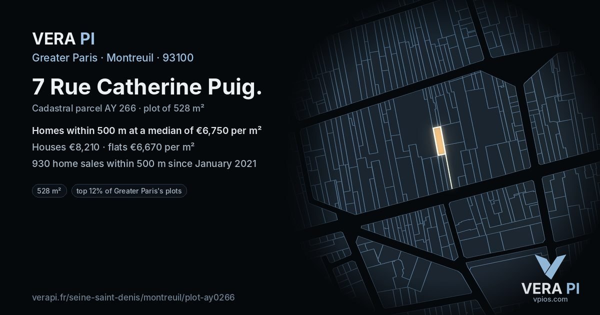 7 Rue Catherine Puig, Montreuil at night – the plot lit, the parcels around coloured by the prices near them