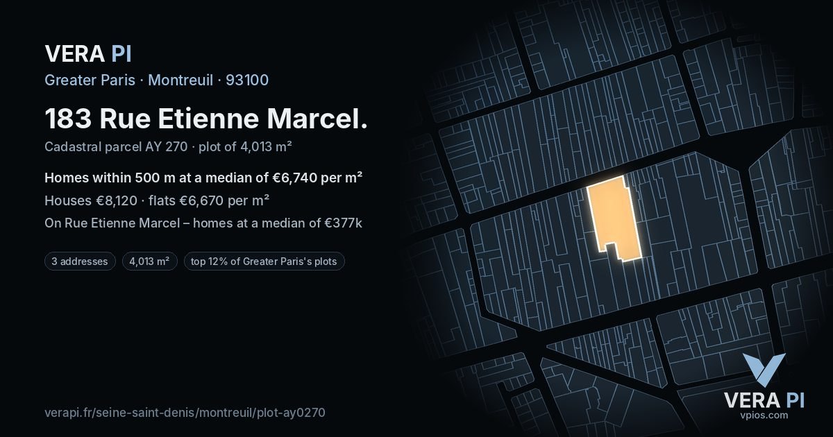 183 Rue Etienne Marcel, Montreuil at night – the plot lit, the parcels around coloured by the prices near them