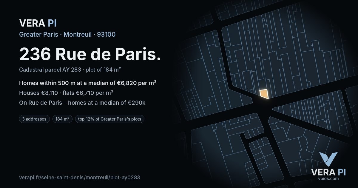 236 Rue de Paris, Montreuil at night – the plot lit, the parcels around coloured by the prices near them