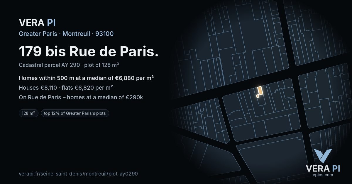 179 bis Rue de Paris, Montreuil at night – the plot lit, the parcels around coloured by the prices near them