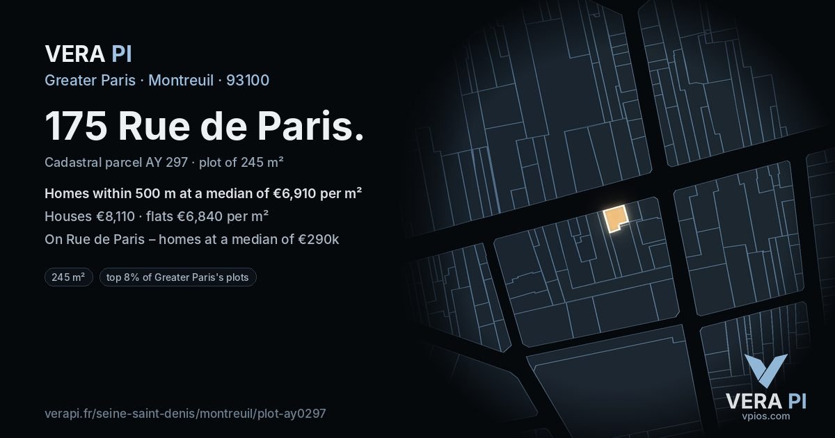 175 Rue de Paris, Montreuil at night – the plot lit, the parcels around coloured by the prices near them