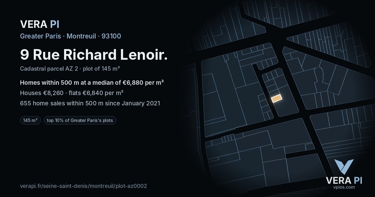 9 Rue Richard Lenoir, Montreuil at night – the plot lit, the parcels around coloured by the prices near them
