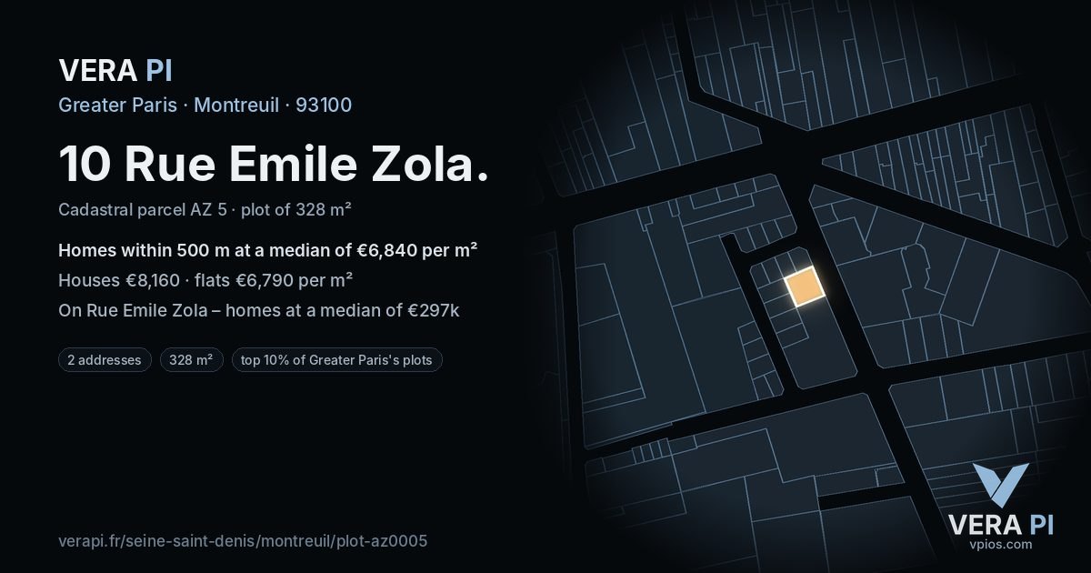10 Rue Emile Zola, Montreuil at night – the plot lit, the parcels around coloured by the prices near them