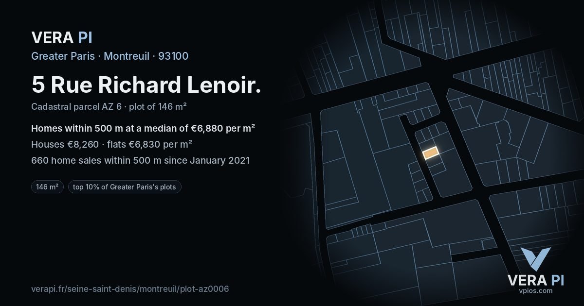 5 Rue Richard Lenoir, Montreuil at night – the plot lit, the parcels around coloured by the prices near them