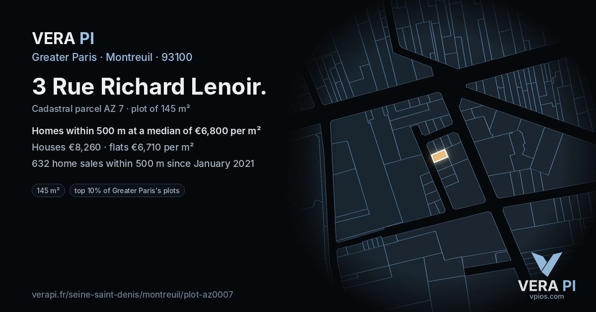 3 Rue Richard Lenoir, Montreuil at night – the plot lit, the parcels around coloured by the prices near them