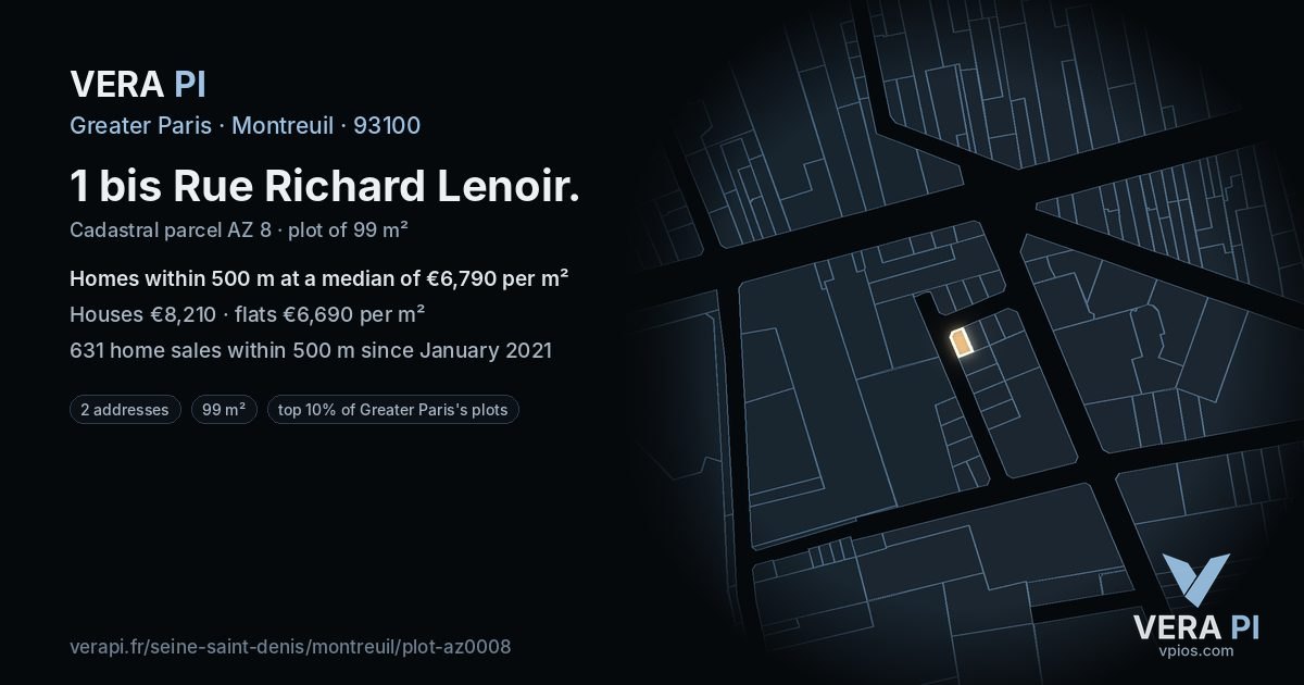 1 bis Rue Richard Lenoir, Montreuil at night – the plot lit, the parcels around coloured by the prices near them