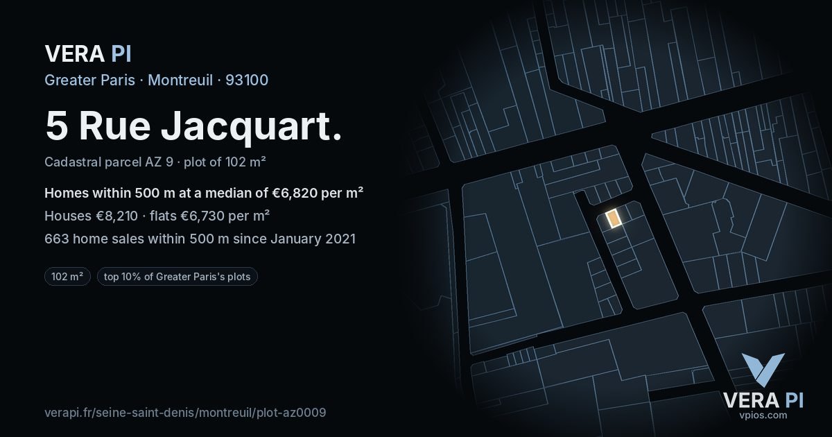5 Rue Jacquart, Montreuil at night – the plot lit, the parcels around coloured by the prices near them