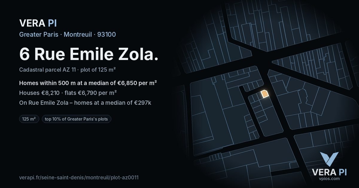 6 Rue Emile Zola, Montreuil at night – the plot lit, the parcels around coloured by the prices near them