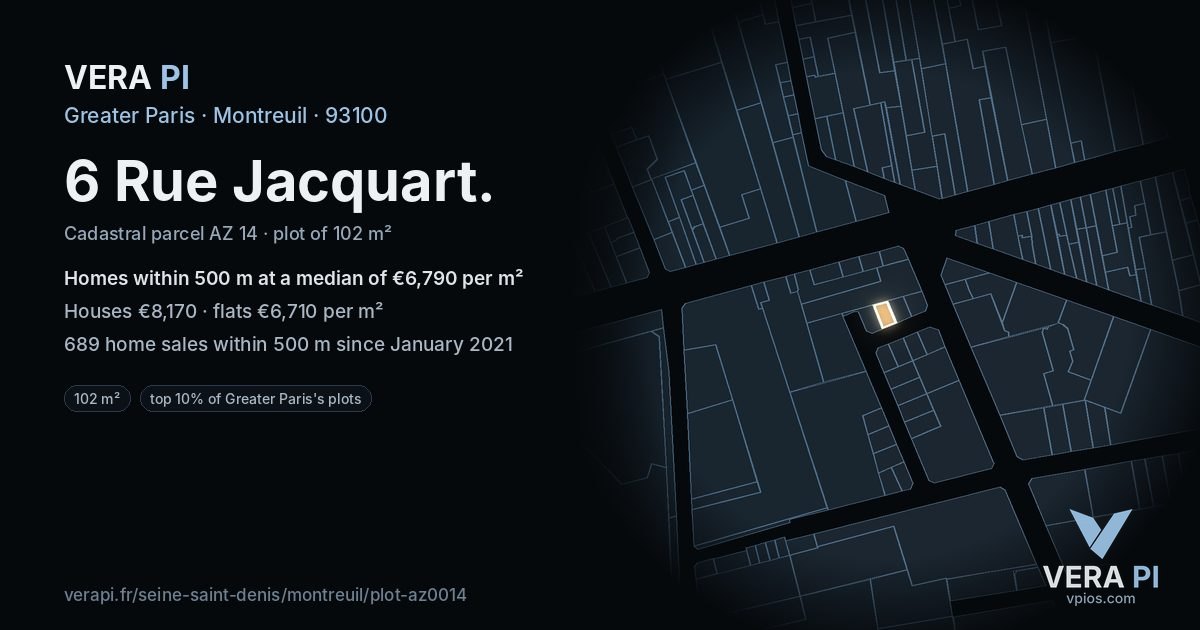 6 Rue Jacquart, Montreuil at night – the plot lit, the parcels around coloured by the prices near them
