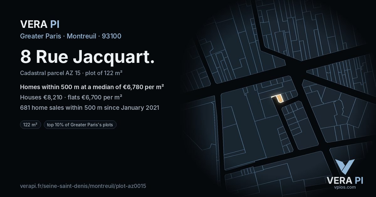 8 Rue Jacquart, Montreuil at night – the plot lit, the parcels around coloured by the prices near them