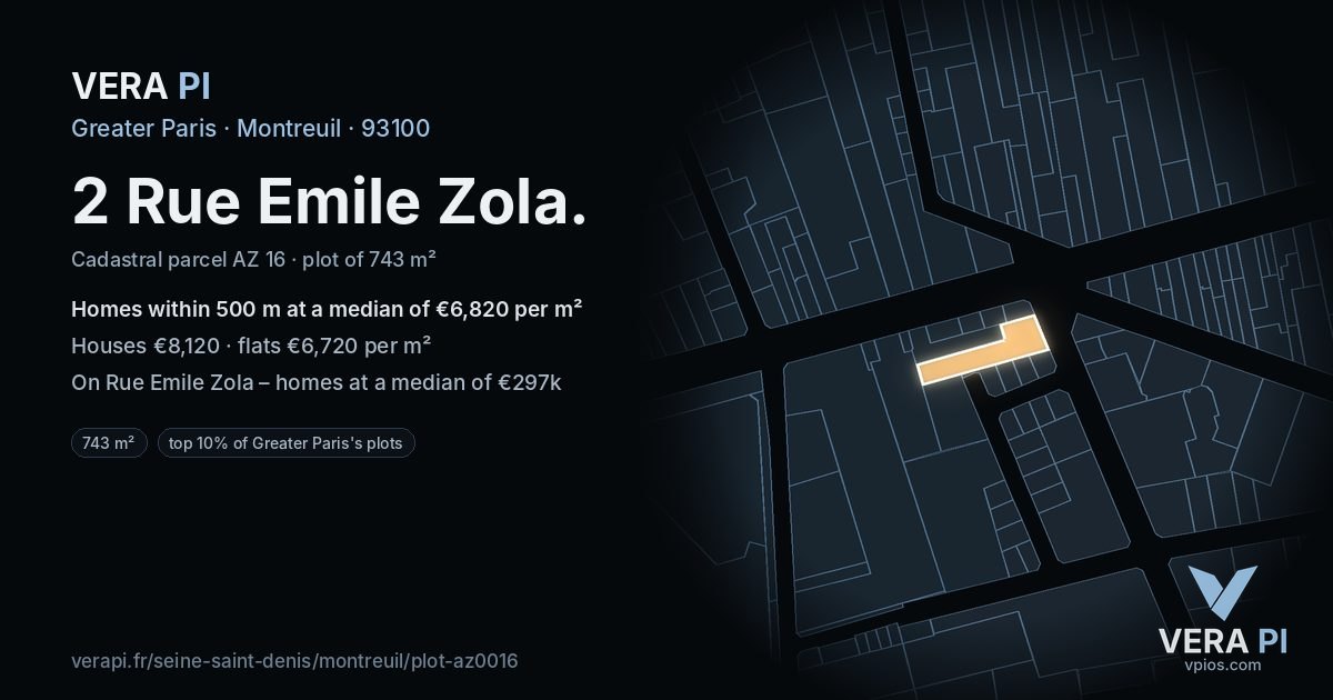 2 Rue Emile Zola, Montreuil at night – the plot lit, the parcels around coloured by the prices near them