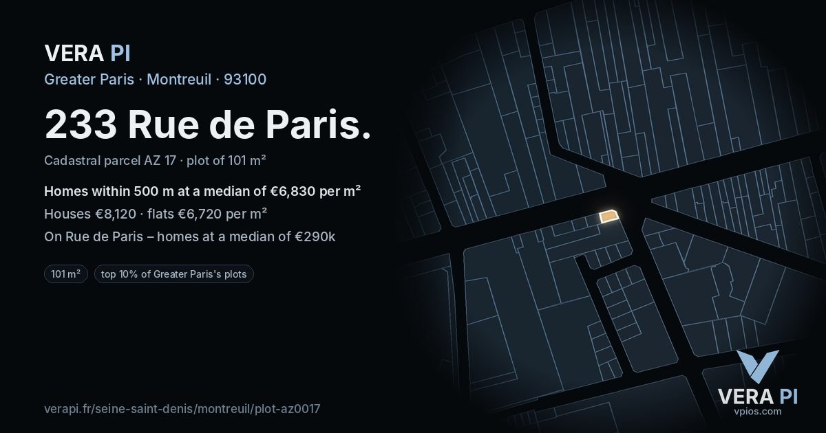 233 Rue de Paris, Montreuil at night – the plot lit, the parcels around coloured by the prices near them