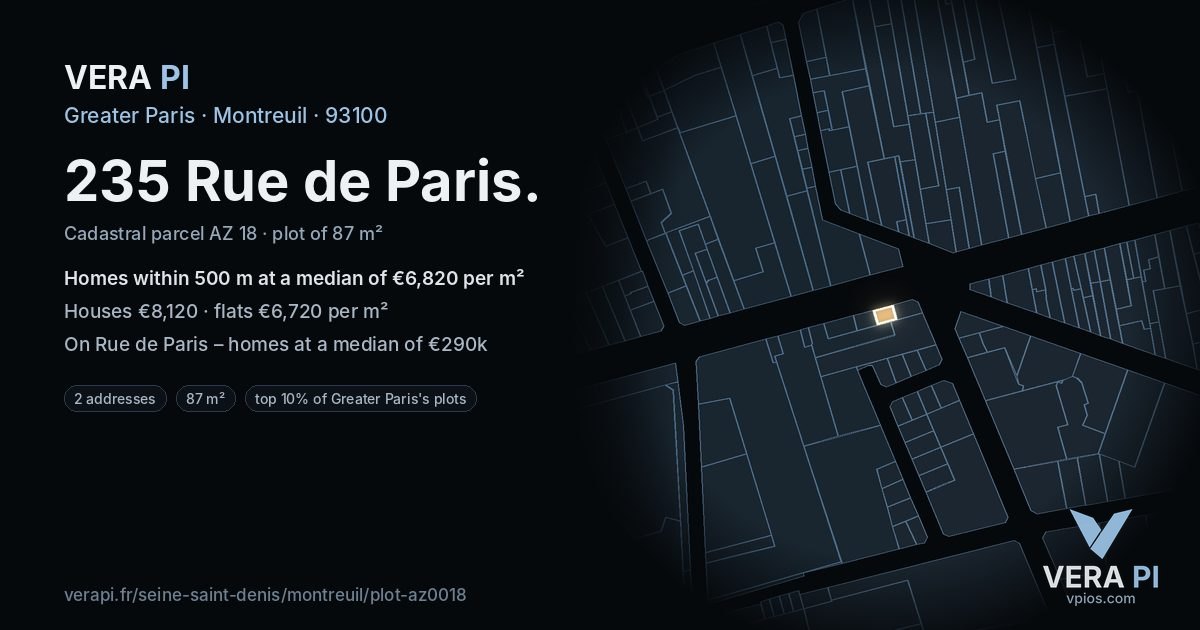 235 Rue de Paris, Montreuil at night – the plot lit, the parcels around coloured by the prices near them