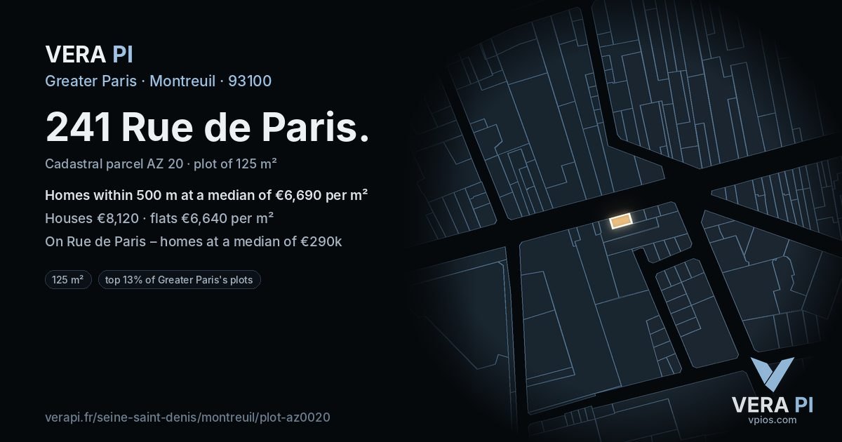 241 Rue de Paris, Montreuil at night – the plot lit, the parcels around coloured by the prices near them