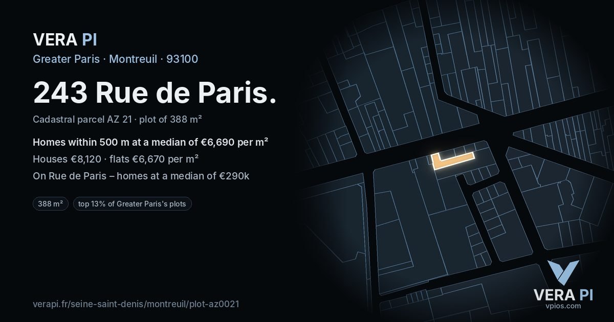 243 Rue de Paris, Montreuil at night – the plot lit, the parcels around coloured by the prices near them