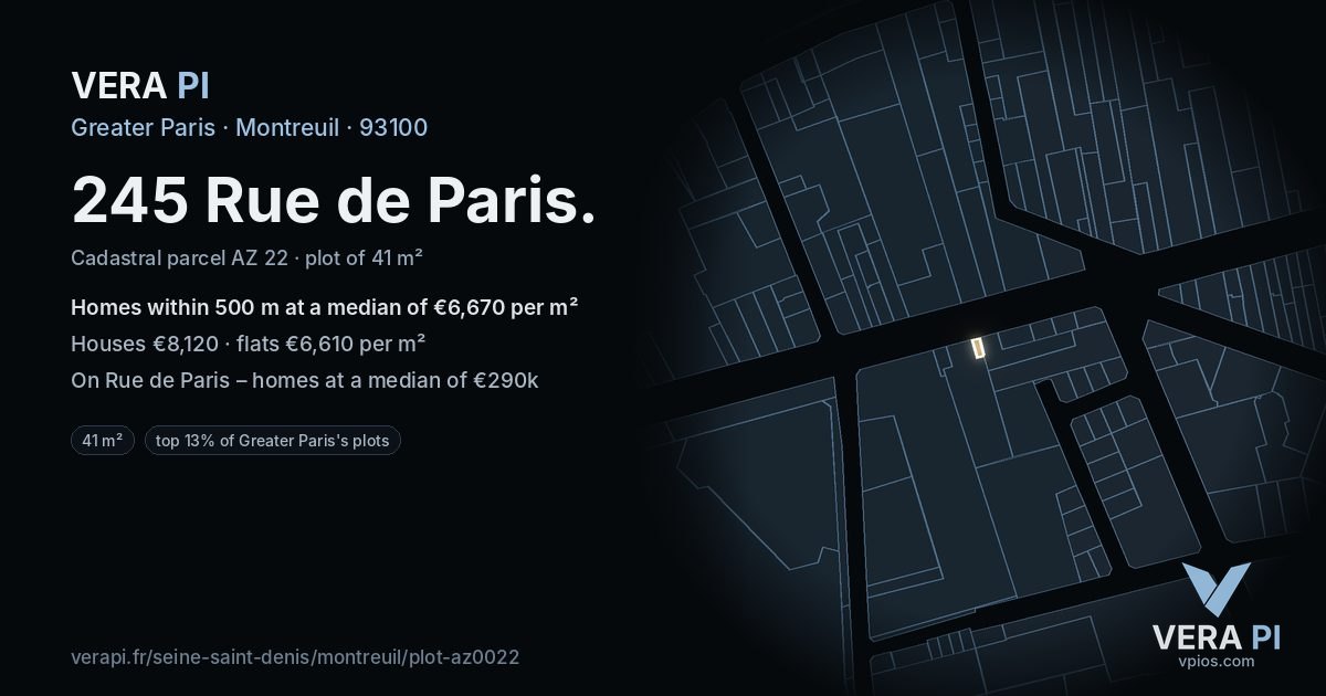 245 Rue de Paris, Montreuil at night – the plot lit, the parcels around coloured by the prices near them