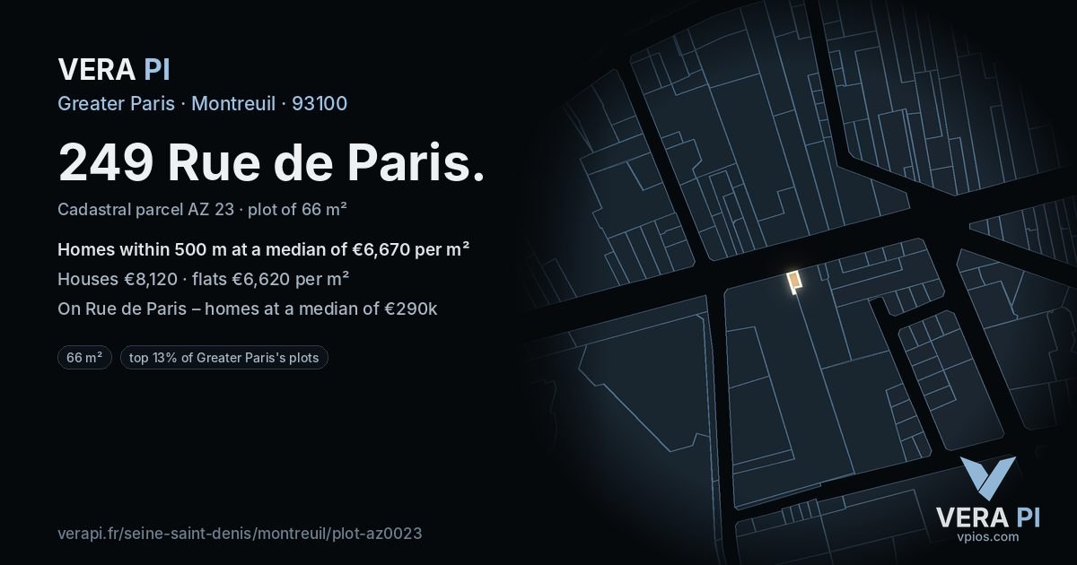249 Rue de Paris, Montreuil at night – the plot lit, the parcels around coloured by the prices near them