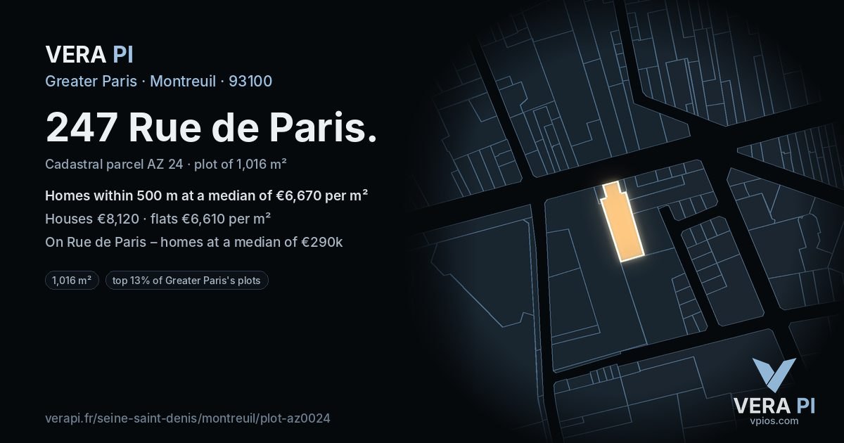 247 Rue de Paris, Montreuil at night – the plot lit, the parcels around coloured by the prices near them