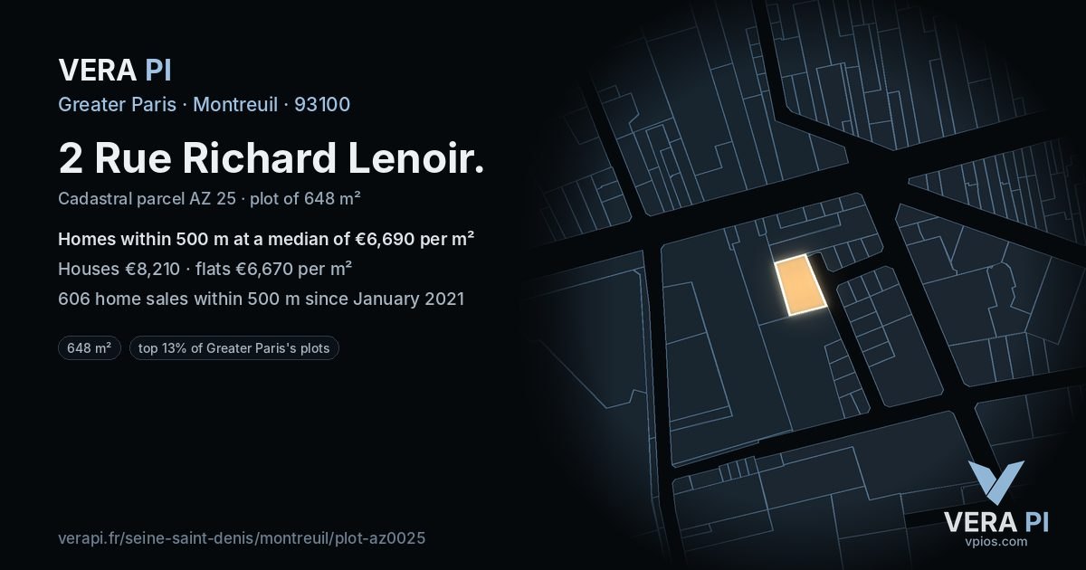2 Rue Richard Lenoir, Montreuil at night – the plot lit, the parcels around coloured by the prices near them