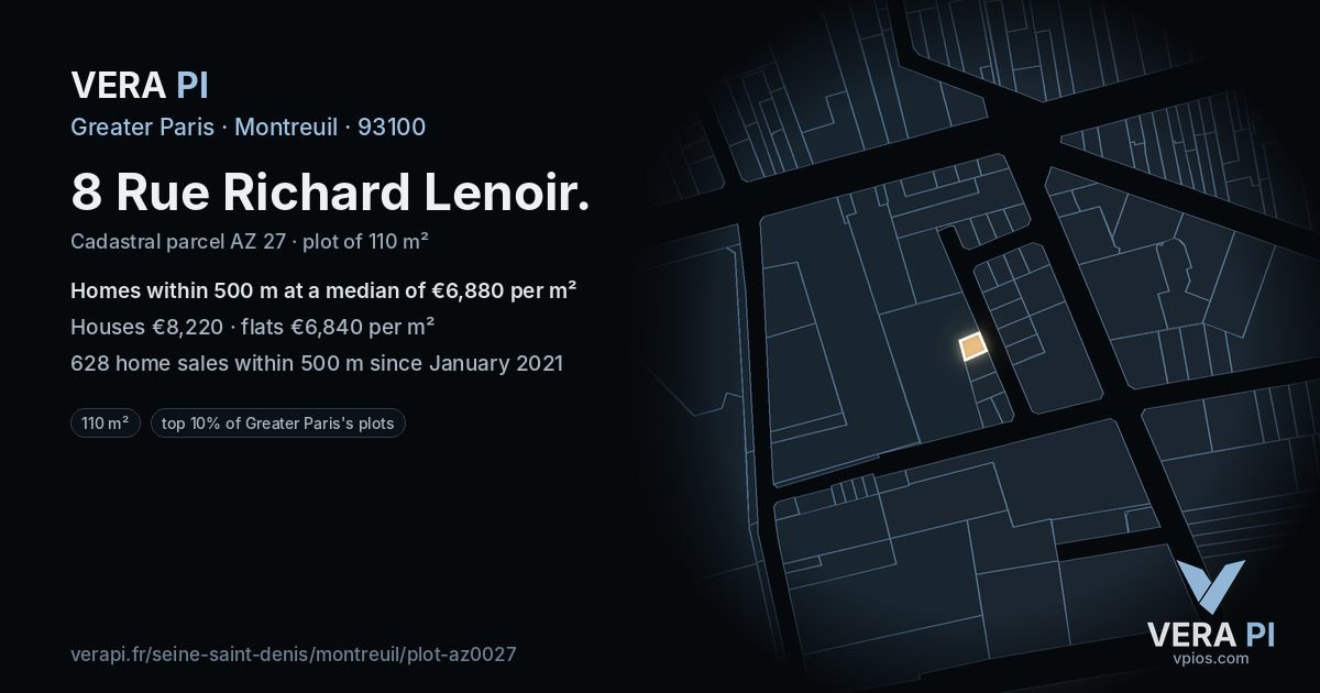 8 Rue Richard Lenoir, Montreuil at night – the plot lit, the parcels around coloured by the prices near them
