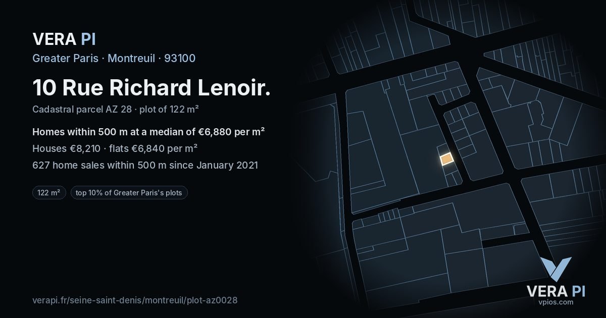 10 Rue Richard Lenoir, Montreuil at night – the plot lit, the parcels around coloured by the prices near them