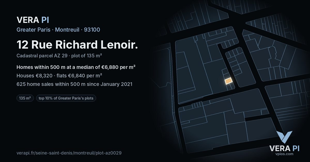 12 Rue Richard Lenoir, Montreuil at night – the plot lit, the parcels around coloured by the prices near them