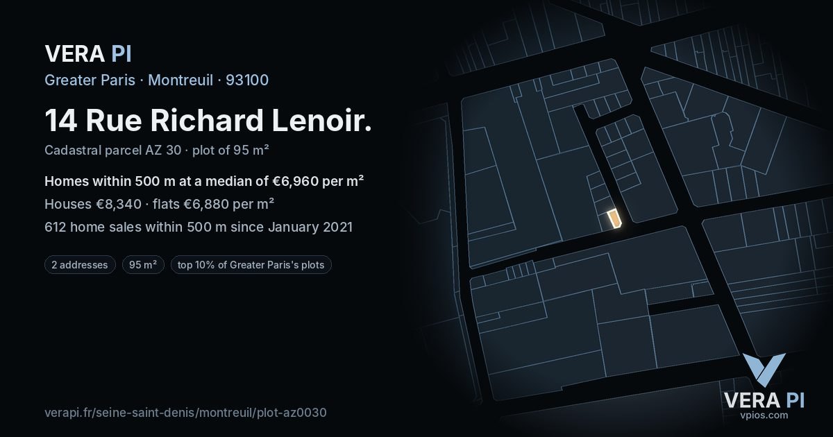 14 Rue Richard Lenoir, Montreuil at night – the plot lit, the parcels around coloured by the prices near them