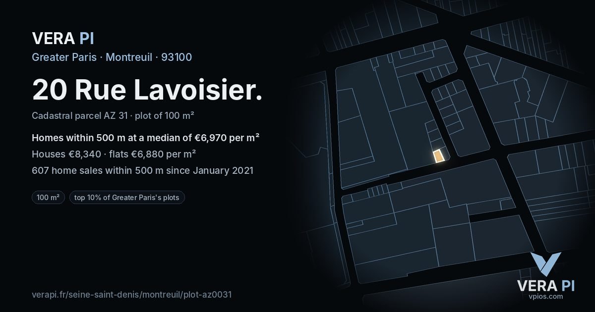 20 Rue Lavoisier, Montreuil at night – the plot lit, the parcels around coloured by the prices near them