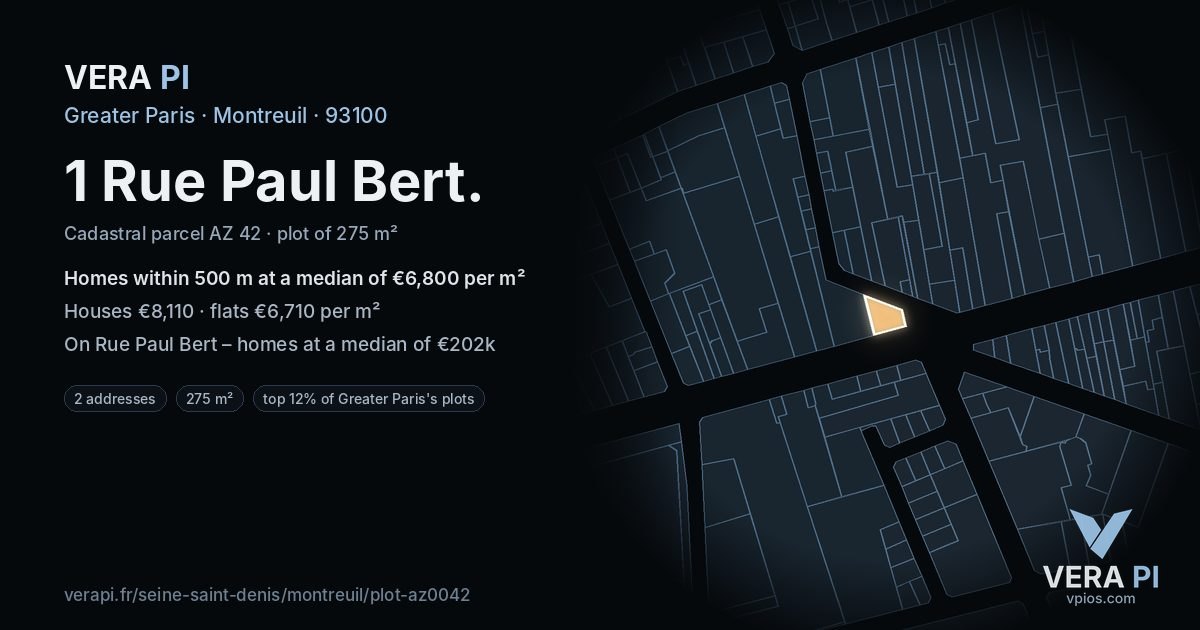 1 Rue Paul Bert, Montreuil at night – the plot lit, the parcels around coloured by the prices near them