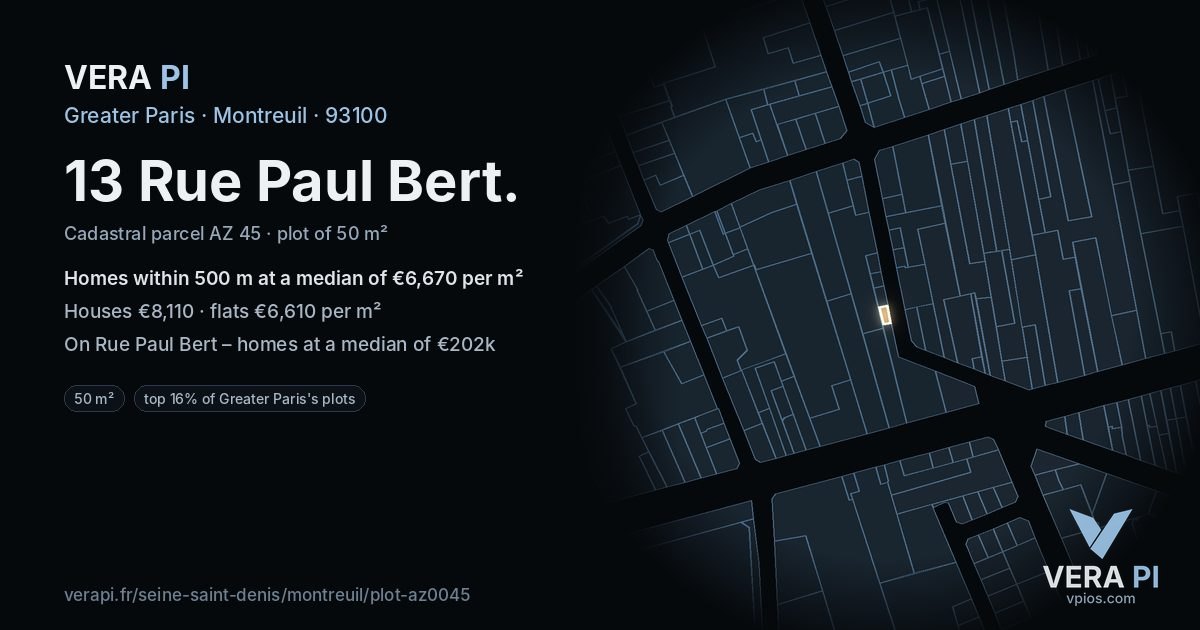 13 Rue Paul Bert, Montreuil at night – the plot lit, the parcels around coloured by the prices near them