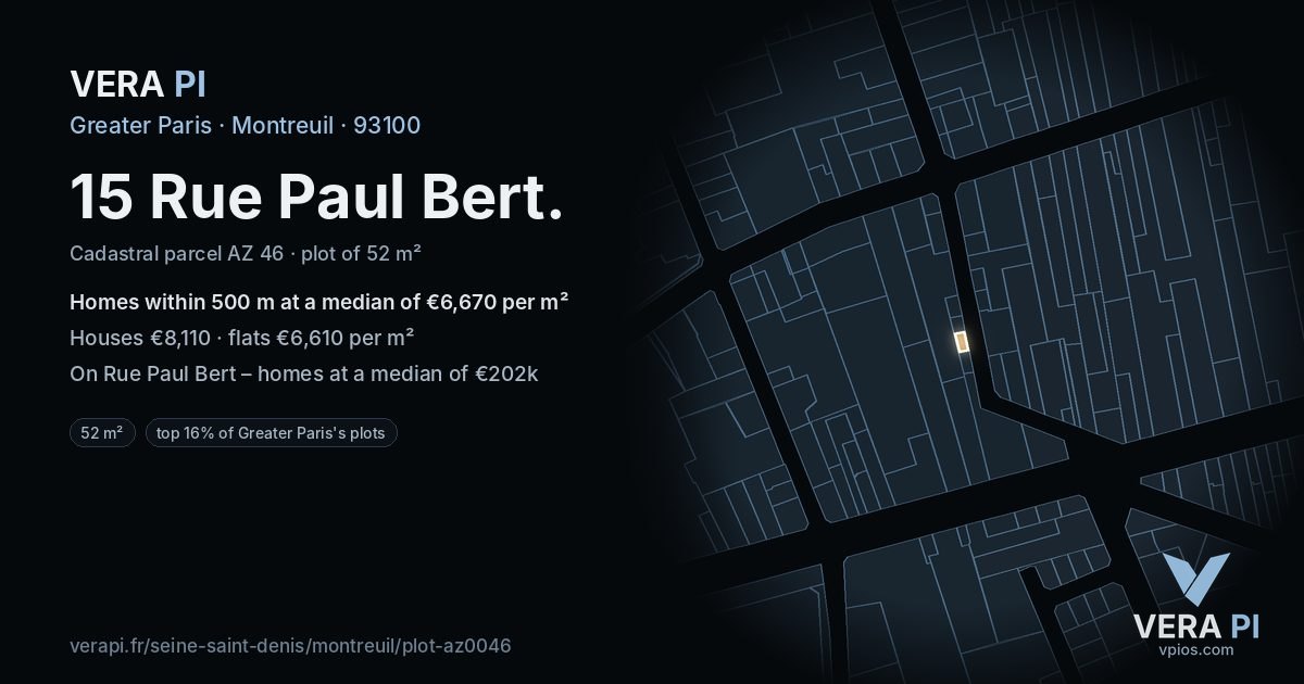 15 Rue Paul Bert, Montreuil at night – the plot lit, the parcels around coloured by the prices near them