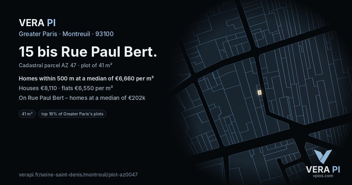 15 bis Rue Paul Bert, Montreuil at night – the plot lit, the parcels around coloured by the prices near them