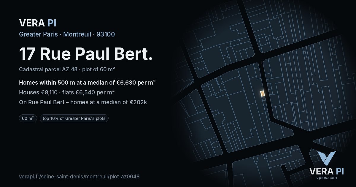 17 Rue Paul Bert, Montreuil at night – the plot lit, the parcels around coloured by the prices near them