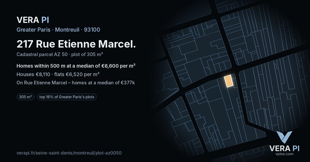 217 Rue Etienne Marcel, Montreuil at night – the plot lit, the parcels around coloured by the prices near them