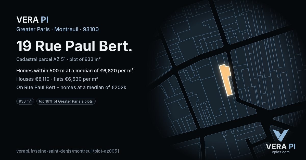 19 Rue Paul Bert, Montreuil at night – the plot lit, the parcels around coloured by the prices near them