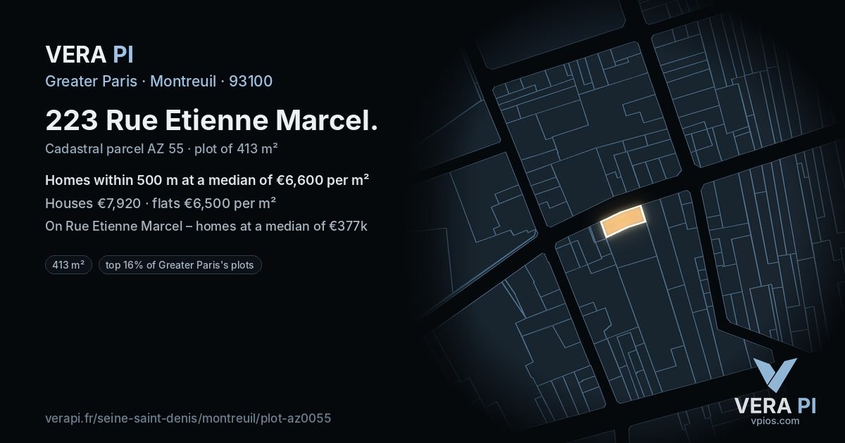 223 Rue Etienne Marcel, Montreuil at night – the plot lit, the parcels around coloured by the prices near them