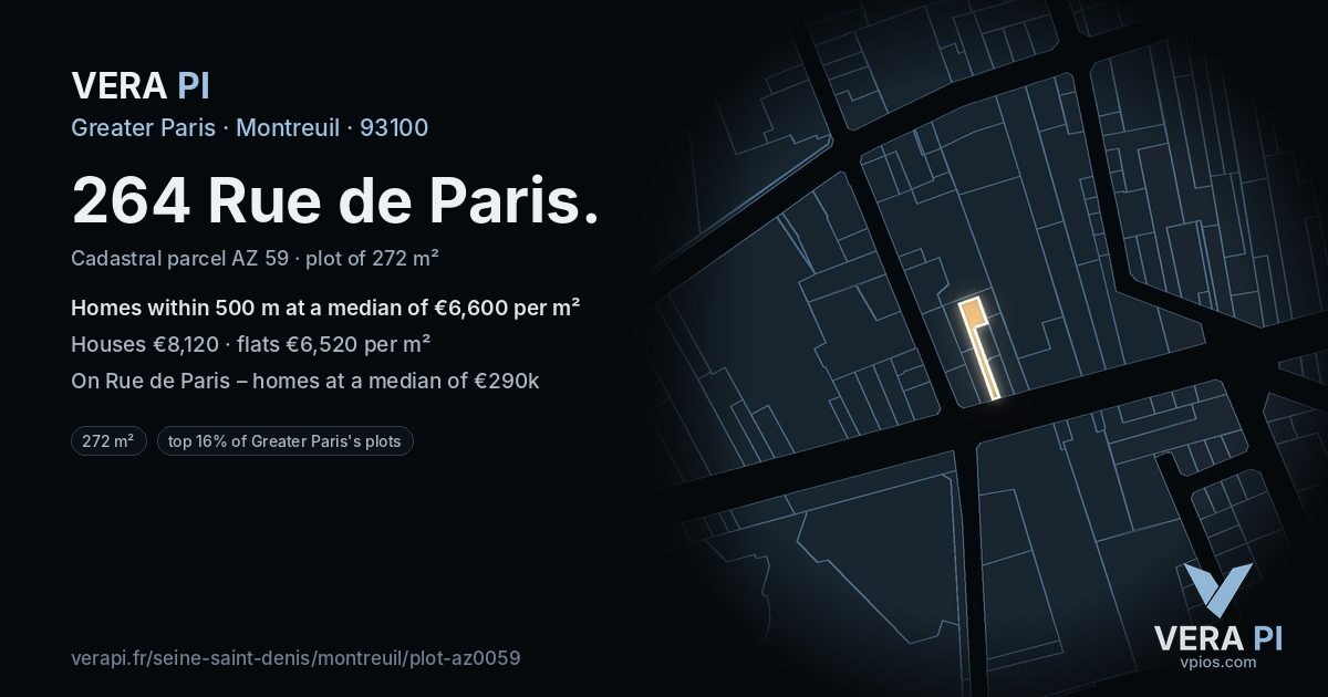 264 Rue de Paris, Montreuil at night – the plot lit, the parcels around coloured by the prices near them