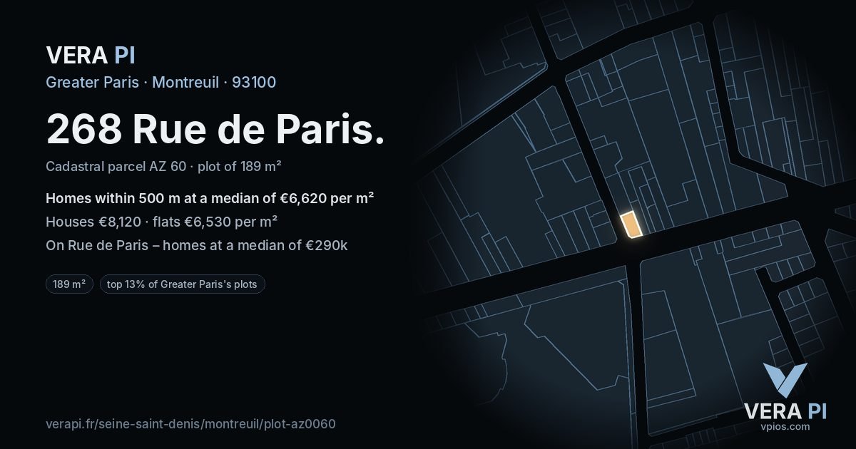 268 Rue de Paris, Montreuil at night – the plot lit, the parcels around coloured by the prices near them