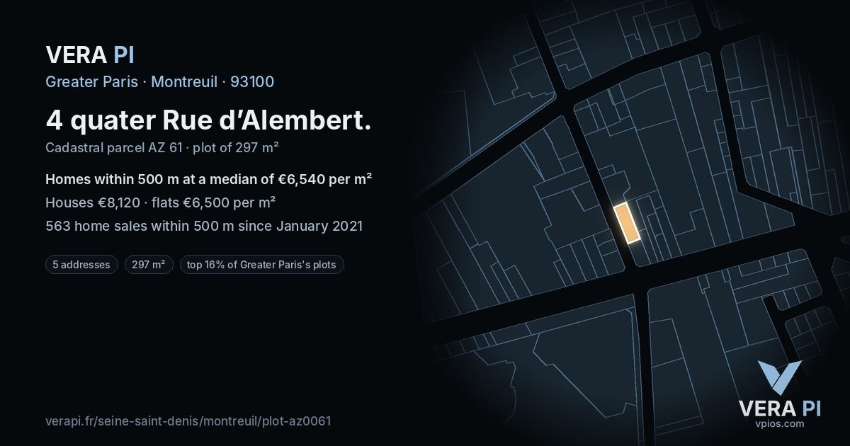 4 quater Rue d’Alembert, Montreuil at night – the plot lit, the parcels around coloured by the prices near them