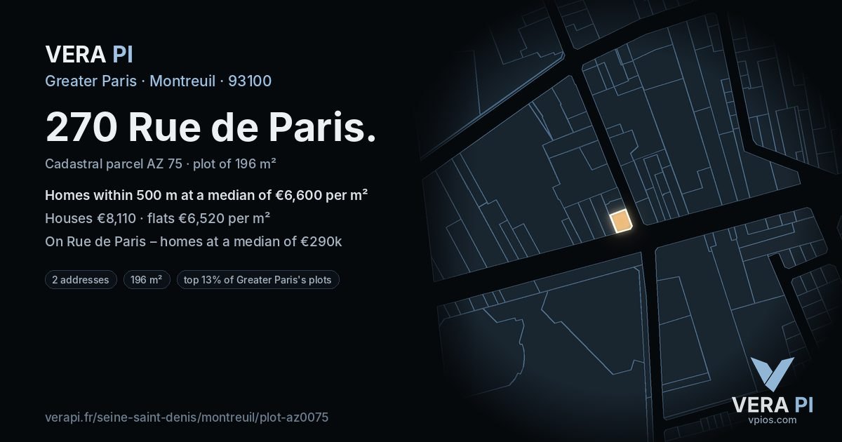 270 Rue de Paris, Montreuil at night – the plot lit, the parcels around coloured by the prices near them