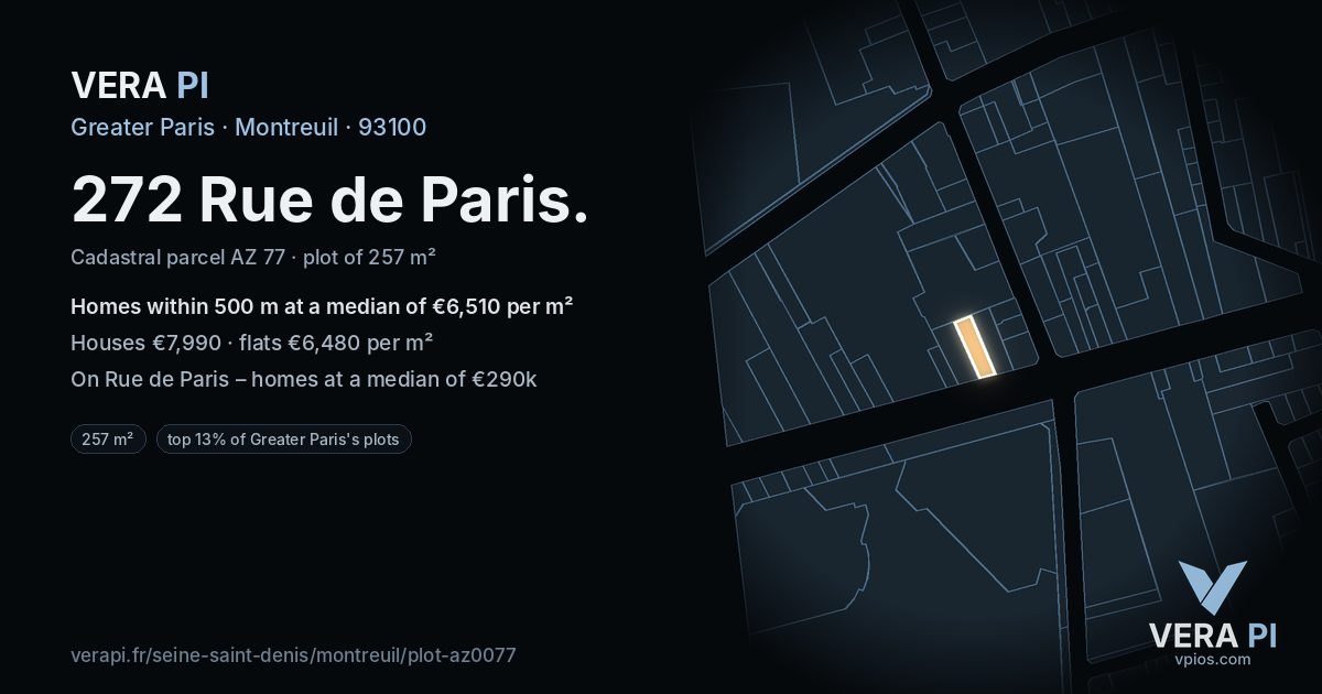 272 Rue de Paris, Montreuil at night – the plot lit, the parcels around coloured by the prices near them